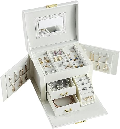 WDWDW Schmuckaufbewahrungsbox Schmuckschatulle, für Frauen und Mädchen mit Spiegel Halskette Ring Ohrringe Organizer Leder Herausnehmbare Schublade Schmuck B von WDWDW