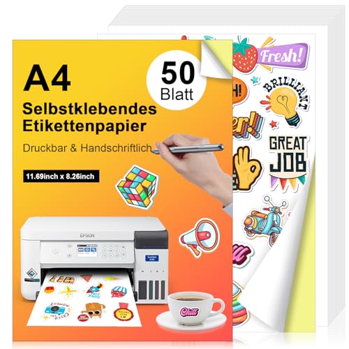 Sticker Papier zum Bedrucken A4 50Stk Etiketten Selbstklebend Etikettenpapier Bedruckbar Stickerpapier Aufkleber Papier Kompatibel mit Inkjet & Laser Drucker Mattweiß (1 pro Blatt/ 50 Blatt) von WDZGX