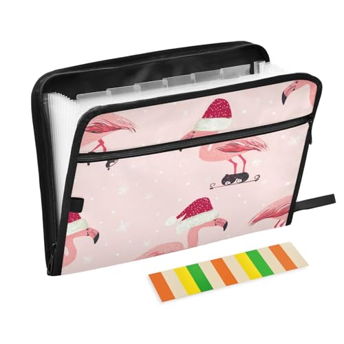 Dokumentenmappe mit Flamingos, Motiv: Weihnachtsmütze, Schlittschuhe, 13 Taschen, A4, Briefgröße mit Reißverschluss, für Büro, Schule von WDdZzyy