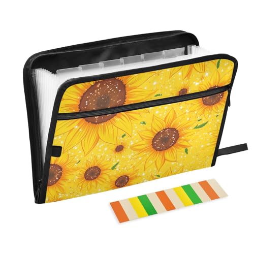 Dokumentenmappe mit Sonnenblumen-Glitzer, für Eltern, 13 Taschen, A4, Briefgröße, mit Reißverschluss, für Büroordner von WDdZzyy