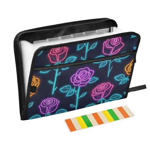 Fächermappe mit bunten neonfarbenen Rosen, Akkordeon, 13 Fächer, A4, Briefgröße mit Reißverschluss, für Papier-Organizer von WDdZzyy