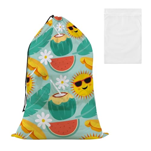 Green Sun Tragbare Wäsche-Tasche aus Kokosnuss, Wassermelone, mit Netzstoff, Wäschesammler-Set für Schule, Reisen, Studentenwohnheim, waschbar, Wäschesammler von WDdZzyy