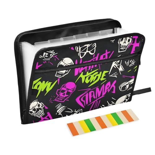 Punk Peach Black Skulls Rock Organizer mit Taschen, 13 Taschen, A4, Briefgröße mit Reißverschluss, zum Erweitern von Aktenordner mit Etiketten von WDdZzyy