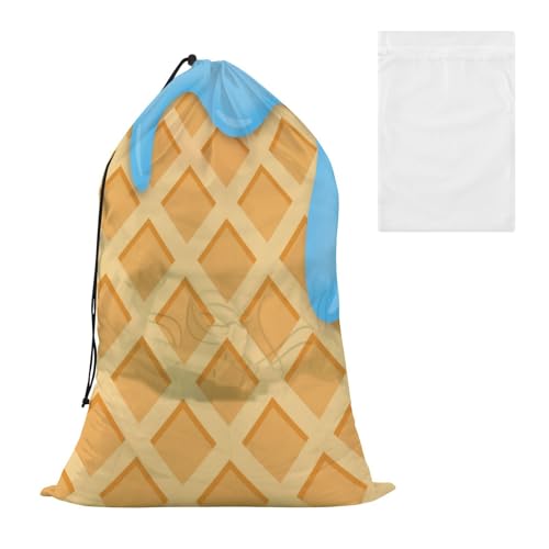 Wäschesack mit Eiscreme-Waffelsublimation, blau, mit Netzstoff, Wäschesammler-Set für Schule, Reisen, Studentenwohnheim, robuste Wäscheorganisator-Tasche von WDdZzyy