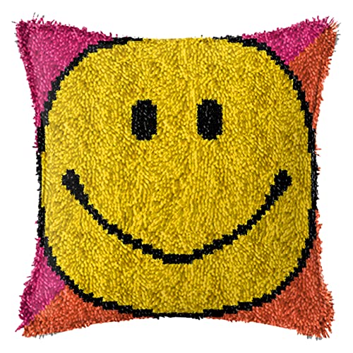 WEAQASD-TSE Lächelndes Emoji Handstricken Kissenbezug Kits, Häkeln Auto-Kissenbezug Stickerei Kits Material, Kreuzstich Kit für Erwachsene Kinder 43×43cm von WEAQASD-TSE