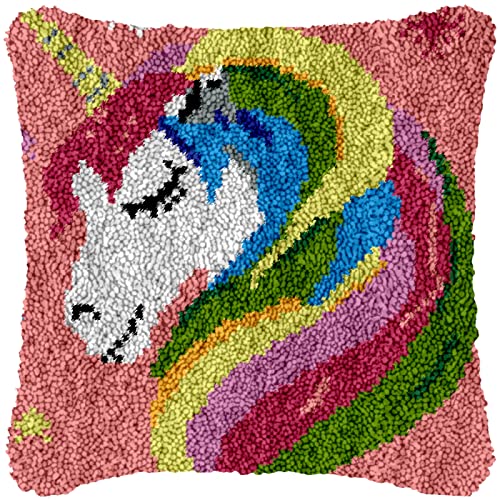 WEAQASD-TSE Rosa Einhorn Handstricken Kissenbezug Kits, Häkeln Auto-Kissenbezug Stickerei Kits Material, Kreuzstich Kit für Erwachsene Kinder 43×43cm von WEAQASD-TSE