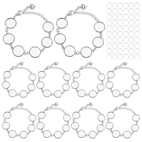 WEBEEDY 10 Set Edelstahl Runde Armband Lünette Ketten und klare Cabochon, Einstellbare Blank Lünette Armreif mit 6 Basis Tabletts für DIY Handwerk Schmuck machen und Zubehör, 19cm von WEBEEDY