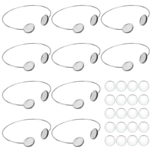 WEBEEDY 10 Sets Edelstahl Blank Lünette Armreif Einstellbar Runde offene Manschettenarmband Lünette Trays mit klaren Glas Cabochons für DIY Handwerk machen Schmuck finden und Zubehör, 12mm von WEBEEDY