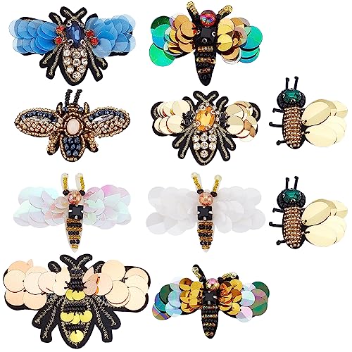 WEBEEDY 10 Stück Bienen Libelle Pailletten Patches Strass Perlen Patches nähen auf Stickerei Anwendungen DIY Handwerk Abzeichen für Kleidung Schuhe Socken Handtasche von WEBEEDY