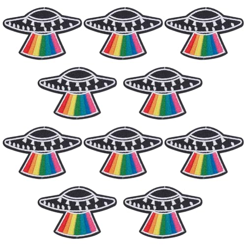 WEBEEDY 10 Stück LGBT Regenbogen UFO Alien Aufnäher Fliegende Scheibe Gestickter Stoffaufnäher Lustiger Gay Lesbian Pride Aufnäher für Erwachsene Aufbügelbare Aufnäher für Kleidung (8.5x5.8cm) von WEBEEDY