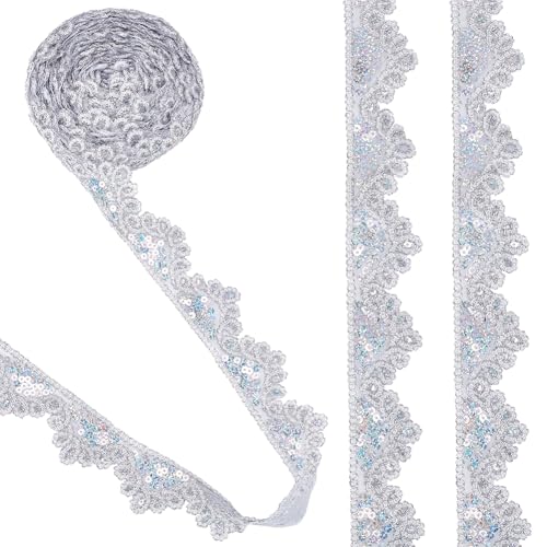 WEBEEDY 10 Yard Perlen Spitzenband Silber Spitzenband 4cm Breit Dreieckige Pailletten Spitzenband Gesticktes Tüll Spitzenband Für Hochzeit Brautkleid Weihnachtsdekoration von WEBEEDY