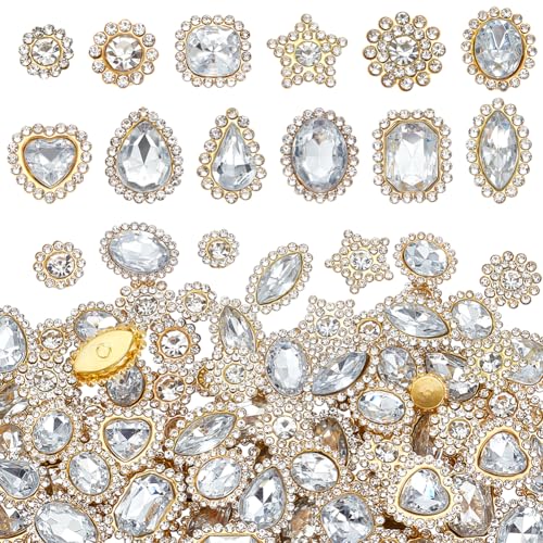 WEBEEDY 100 Stück Weiße Aufnäh Rhinestones In Gemischter Form Aus Glas Mit Goldenem Metallsockel Für Kleidungsstücke Und Basteln Schmuckherstellung Haaraccessoires Und Schleifenverzierung 0.9-1.9cm von WEBEEDY