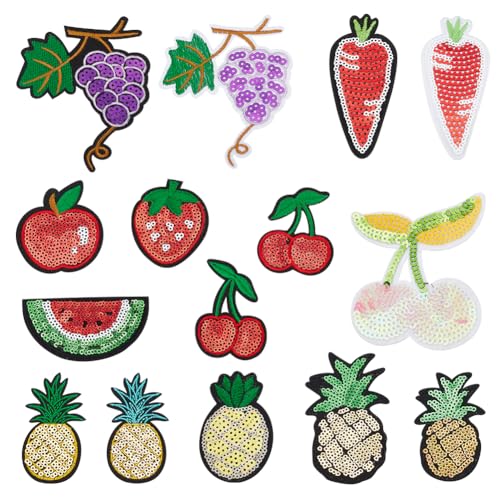 WEBEEDY 15 Stück Pailletten-Frucht-Stickerei-Patch Ananas-Traube-Abzeichen Zum Aufbügeln Bestickte Applikationen Dekoratives Reparaturmotiv Stickerei-Abzeichen-Abziehbilder Für Kleidung, Jacken von WEBEEDY