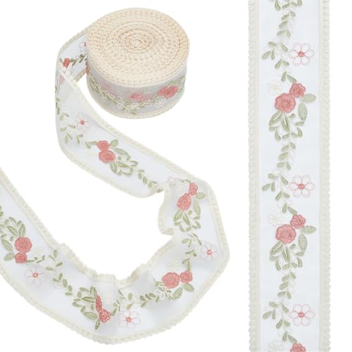 WEBEEDY 15 Yard Beige Spitzenband 8.2cm Breit Rosa Blumen Grün Blatt Muster Spitze Trimmen Netzstickerei Spitzenband Trimmen Für Hochzeit Brautkleid Weihnachten Hausdekoration DIY Näharbeiten von WEBEEDY