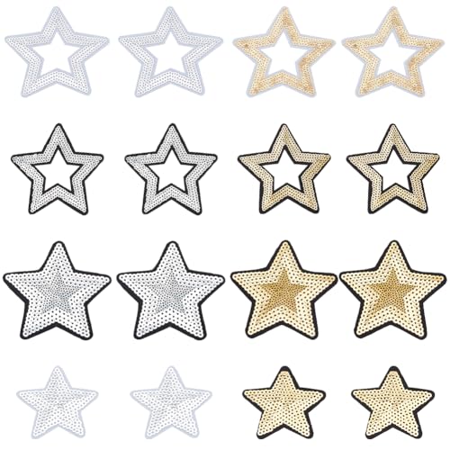 WEBEEDY 16 STK 8 Stile Paillettenstern Patches Handgefertigte Glitzersterne Zum Aufbügeln Niedliche Gestickte Pailletten Patches Für Kleidung Schuhe DIY Kleidungsreparatur Zubehör (3 Größen) von WEBEEDY