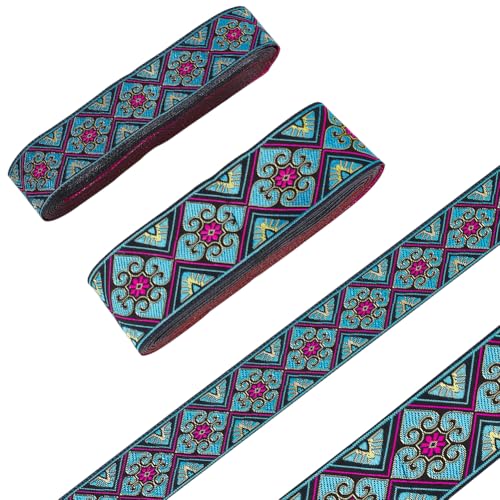 WEBEEDY 2 Größen Boho Jacquardband 14 m Blau Geometrischer Gewebter Besatz Blumenbordüre Stickerei Zubehör Für Nähen Taschen Hüte Kleider Kleidung DIY Jacquardband Handwerk (5cm, 3.3cm) von WEBEEDY