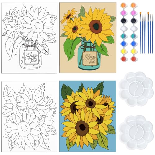 WEBEEDY 2 Pack 8x10 Zoll Blumen Thema Vorgezeichnete Leinwand Zum Bemalen Vorgeskizzierte Leinwand DIY Malen Auf Leinwand Sonnenblumenvase Acrylfarbe Für Anfänger Für Damen Malen Partygeschenk von WEBEEDY