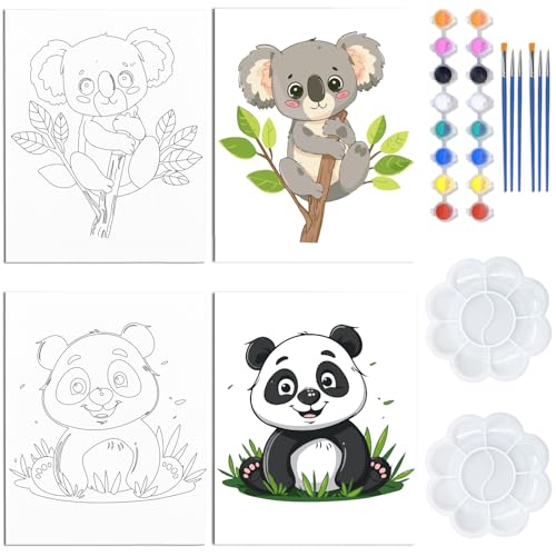 WEBEEDY 2 Pack 8x10 Zoll Vorzeichnung Leinwand Vorgedruckte Leinwand Set Niedliche Tiere Malen Leinwand Malen Leinwand Set Vorgezeichnete Leinwandplatten Mit Farben Und Pinseln Koala Panda von WEBEEDY