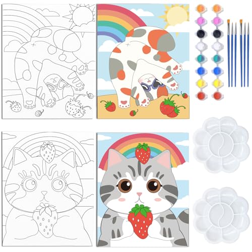 WEBEEDY 2 Pack 8x10 Zoll Vorzeichnung Leinwand Vorgedruckte Leinwand Set Niedliche Tiere Malen Leinwand Malen Malset Für Anfänger Künstler, Einfache Acrylfarbe Mit Farben Und Pinseln Katze Regenbogen von WEBEEDY