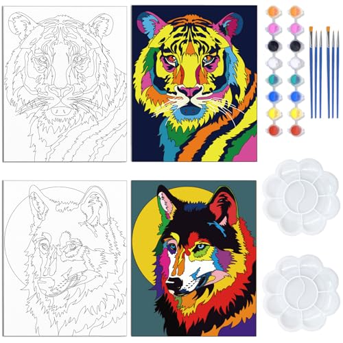 WEBEEDY 2 Pack Vorgezeichnete Leinwand-Kit Vorgedruckte Leinwand-Set Tiere DIY Leinwandmalerei Geschenkkits 8x10 Zoll Bunte Wolf Tiger Malerei Leinwandmalerei Kunstset Für Heimdekoration Partygeschenk von WEBEEDY