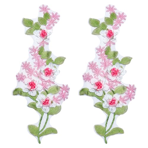 WEBEEDY 2 Pcs Rosa 3D Florale Spitze Stickerei Applique Nähen auf Patches Blätter Vine Applique für DIY Nähen Zubehör Hochzeit Kleid Handtasche Kleidung Dekoration, 15x36.5cm von WEBEEDY