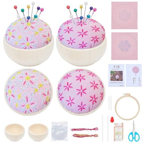 WEBEEDY 2 Set DIY Sashiko Nadelkissen Kit Rundes Nadelkissen Mit Holzbasis Sashiko Stickerei DIY Set Japanischer Stil Blumendruck Nadelkissen Für Nähzubehör (Pink) von WEBEEDY