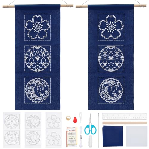 WEBEEDY 2 Set DIY Sashiko Wandbehang Dekor Kirschblüten Thema Sashiko Kit Japanisches Traditionelles Stickprojekt Mit Sashiko Muster Vorlage Und Anleitung Für Anfänger von WEBEEDY