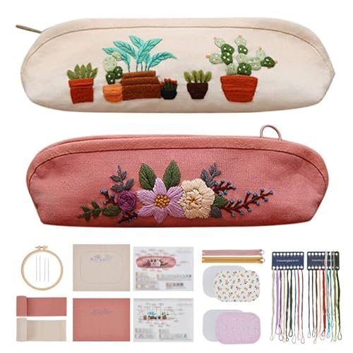 WEBEEDY 2 Set DIY Stickerei-Kit Leinwand Reißverschlusstasche Handgefertigte Stickerei-Leinwand-Stifttasche Kosmetiktaschen DIY Bestickte Clutch Starter-Kit Mit Allen Materialien Und Werkzeugen von WEBEEDY