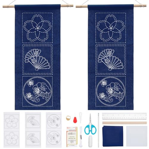 WEBEEDY 2 Set Sashiko DIY Kit Sashiko Wandbehang Dekor Sashiko Muster Vorlagen Übungsset Mit Anleitung Und Allen Nähzubehör Für Erwachsene Anfänger Zur Wanddekoration von WEBEEDY