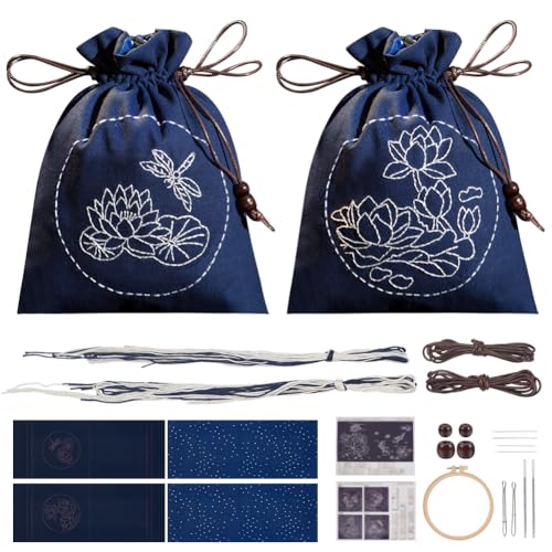 WEBEEDY 2 Set Stickerei Zugbeutel Kits DIY Sashiko Kit Mit Komplettem Material Zubehör Nähen Handtaschen Kit Stick Set Nadelarbeit Nähen Beutel Kit Für Anfänger, Lotusblumenmuster von WEBEEDY