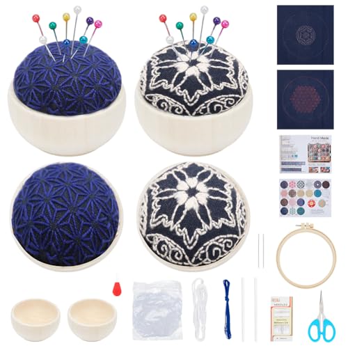 WEBEEDY 2 Sets DIY Sashiko Nadelkissen Kit Holzsockel Nadelkissen für Nähen Sashiko Stickerei DIY Kit Blumendruck Nadelkissen japanischen Stil Nadelhalter (Blau, Schwarz) von WEBEEDY