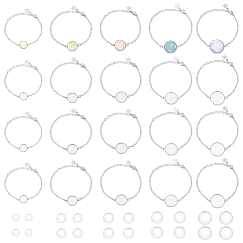 WEBEEDY 20 Sets 5 Größen Edelstahl Lünette Armbänder Blank Tray Verstellbare Armreifen Basis Tabletts mit Klarglas Cabochon für DIY Schmuck Findings und Zubehör, Weihnachten Freundschaft Tag Geschenk, von WEBEEDY