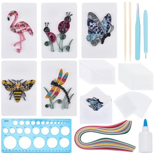 WEBEEDY 20 Sets Papier Quilling Kit für Erwachsene DIY Tiere Themen Grußkarte Making Kit mit Anleitung 5 Styles Tier Bienen, Schmetterlinge, Flamingos, Käfer, Libellen Karten von WEBEEDY