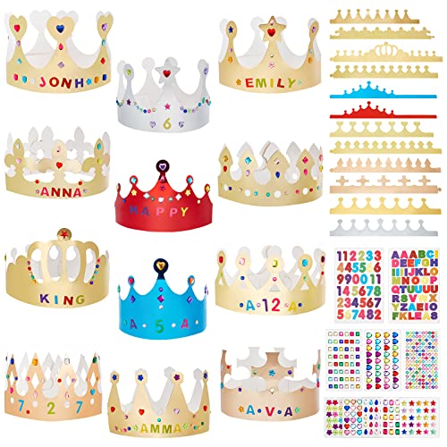 WEBEEDY 24 Stück Papierkronen Prinzessin Prinz Krone Für Kinder Und Erwachsene DIY Partykronenhüte Mit Schmucksteinen Alphabet Zahlen Buchstaben Aufkleber Für Geburtstagsfeier Favor Supplies von WEBEEDY