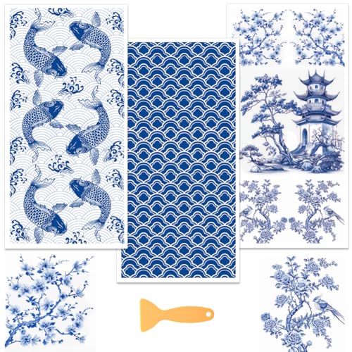 WEBEEDY 3 Stück Chinoiserie Decoupage Papier Möbel-Transfer-Aufkleber Vintage Chinesisch Blau und Weiß Wanddekor, 15x30cm Wandbilder abziehen und kleben Tapete mit Spachtel Home Wall Decor von WEBEEDY