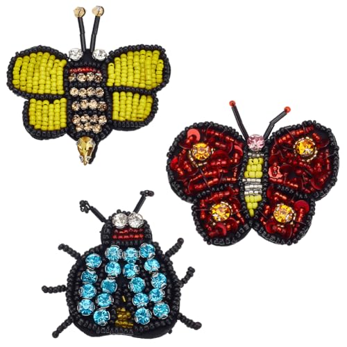 WEBEEDY 3 Stück Strass-Perlen-Bienen-Aufnäher Zum Aufnähen von Pailletten Schmetterlings-Applikationen Zum Selbermachen Glitzernde Stickerei-Applikationen Aufnäher Für Kleidung, Kleid, Hut, Tasche von WEBEEDY