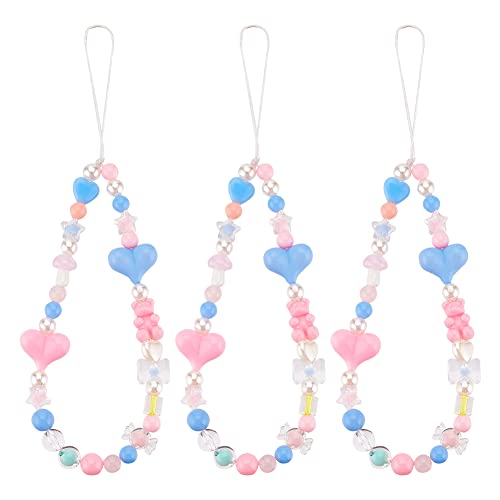 WEBEEDY 3 Stücke Perlen Handy Lanyard Handgelenk Riemen Kawaii Liebe Perlen Telefon Charme Bunte Telefon Kette Riemen Acryl Perlen Perle Telefon Charme Riemen für Frauen Mädchen von WEBEEDY