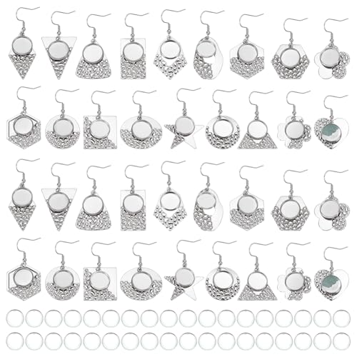 WEBEEDY 36 Satz 18 Formen Ohrring Lünette Tabletts leer Edelstahl Ohrring Draht Haken mit Runde Tabletts Einstellung klar Glas Cabochon für DIY Handwerk machen Schmuck Zubehör,12mm,72pcs/18 Pairs von WEBEEDY