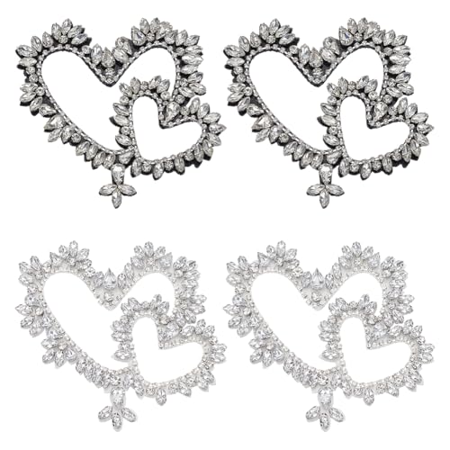 WEBEEDY 4 Pcs Nähen auf Kristall Doppelherz Strass Patches, Niedliche Liebe Herz Nähen Perlen Patches DIY dekorative Patch für Taschen Kleidung Valentinstag Hochzeit Kleid Dekor von WEBEEDY