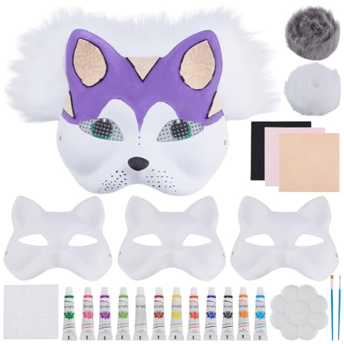 WEBEEDY 4 Set DIY Katzenmasken Kit Halloween Therian Maske DIY Weiße Papier Katzen Gesichtsmaske Enthält Filzstoffe Kunstfell Netze Und Acrylfarbe Für Ostern Cosplay Party von WEBEEDY