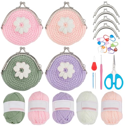 WEBEEDY 4 Sets DIY Häkelblumen Münzbeutel Set Für Anfänger Erwachsene Mini Geldbörse Handmade Häkelsets Mit Ausführlicher Anleitung Garne Haken Für Strickzubehör von WEBEEDY