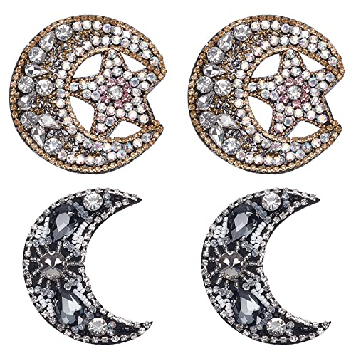 WEBEEDY 4 Stück Mond Stickerei Strass Applique Patch nähen auf Crystal Beaded Appliques dekorative Abzeichen Nähen Zubehör für Kleidung Tasche Hosen Schuhe Hüte DIY-Projekte von WEBEEDY