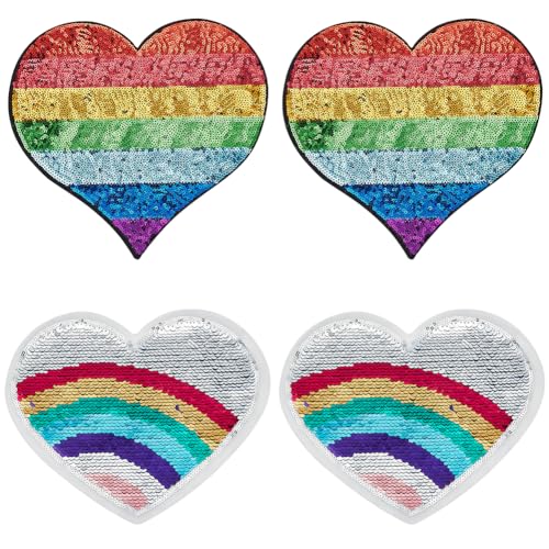 WEBEEDY 4 Stück Regenbogen-Herz Zum Aufbügeln Und Aufnähen Pailletten-Patch Gay-Lesben-Pride-Patch Zum Aufnähen Bestickte Applikation DIY-Nähen DIY-Aufkleber Für Hüte, Jacken, Taschen, Kleidung von WEBEEDY