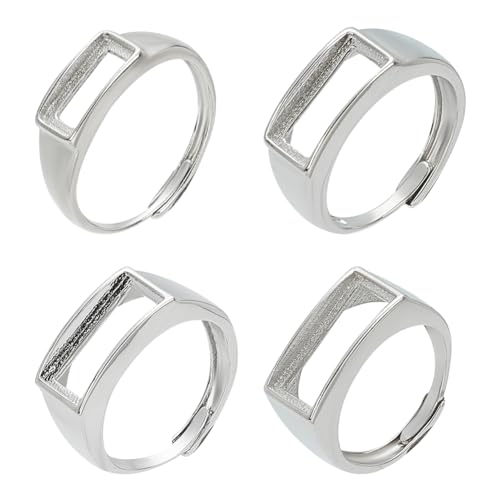 WEBEEDY 4 Stück Silber Rechteck Verstellbare Finger Ring Rohlinge Silber Ring Basis Für Cabochon, Ringtablett-Einstellungen DIY Lünettenrohlinge Für Die Verzierung von Ringen Schmuckherstellung,20 mm von WEBEEDY