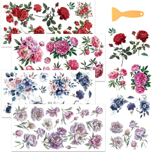 WEBEEDY 4 Styles Blumen Möbel-Transfer-Aufkleber Rose Floral Wall Murals Peel and Stick Wall Decor, 15x30cm Tapete mit Spachtel, Fenster Wandkunst für Home Decor von WEBEEDY