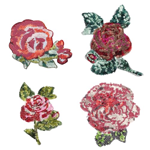 WEBEEDY 4 Styles Rosen Pailletten Patch Rote Blume Nähen auf Patches, Handmade Floral Stickerei Patch Applique Embellishments für DIY Kleidung Kleid Hut Taschen Reparatur von WEBEEDY