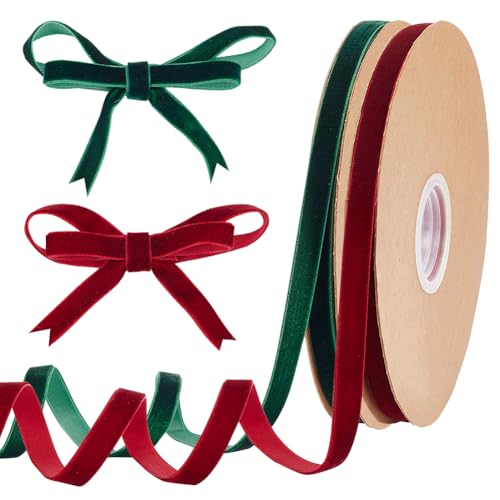 WEBEEDY 40 Yard Weihnachts Samtband 1cm Breit Vintage Spule Dünnes Band Samtband Für Sträuße Schleifenherstellung Geschenkverpackung Weihnachtsfeierdekoration (Rot Und Grün) von WEBEEDY