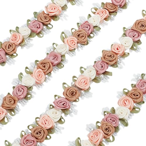 WEBEEDY 5 Yard Blumen Spitzenkante 2.8cm Rose Perlen Bestickte Spitzenbandverzierung 2.8D Blumenband Für Hochzeit Brautkleid Geschenkverpackung Weihnachten Hausdekoration DIY Näharbeiten von WEBEEDY