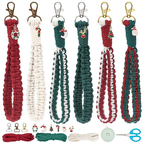 WEBEEDY 6 Set Makramee Schlüsselanhänger DIY Weihnachts Bastelsets Autoschlüssel Handgelenk Schlüsselanhänger Für Anfänger Handgefertigter Weihnachtsbaum-Dekor Handy Geldbörsen Charms von WEBEEDY