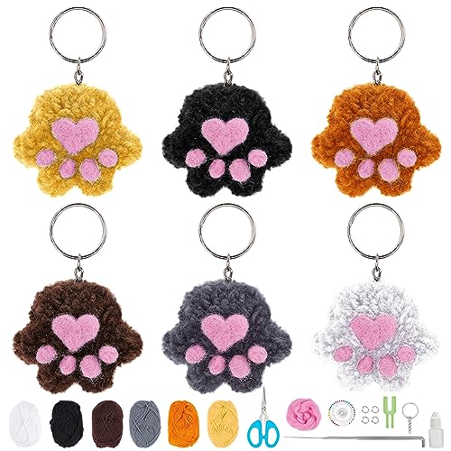 WEBEEDY 6 Sets Katze Pom Pom Bälle Schlüsselbund DIY Bastelset mit Kätzchen Katze Pfote Pom Pom Fuzzy Schlüsselbund für Mädchen Rucksack Handtasche Tasche Kostümzubehör Schlüsseldekoration von WEBEEDY